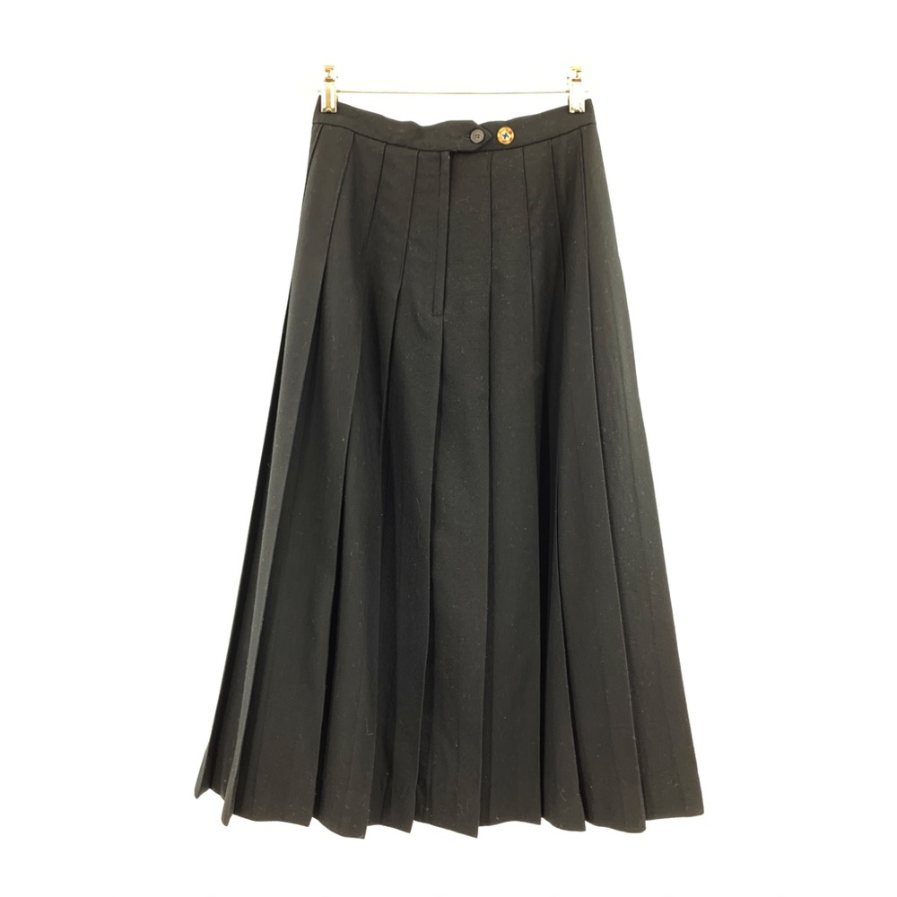 Vtg Wool Knife-Pleated Skirt Lined Midi Black